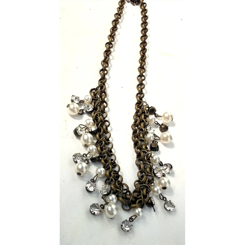 Brass Tone Faux Pearl Rhinestone Multi Strand Bib Necklace
